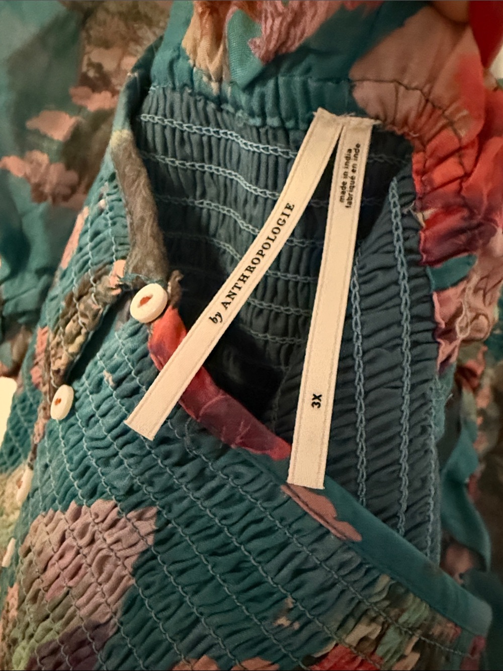 Anthro Anthropologie Teal Floral Smocked Maxi Dress Puff Sleeve Buttons 3X Plus - Picture 2 of 14